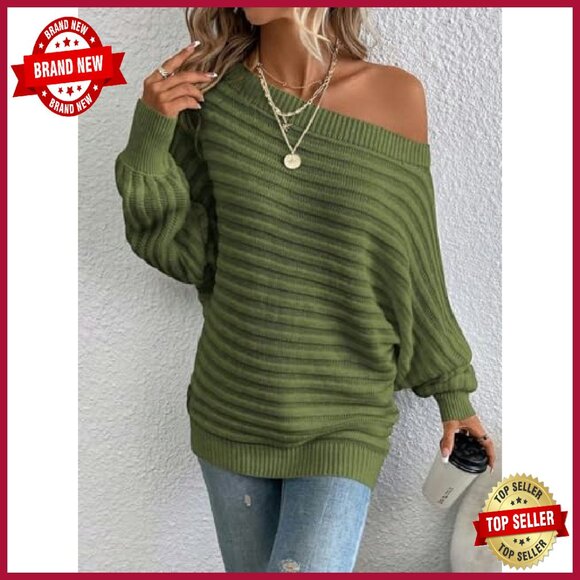 Oversized Off Shoulder Pullover Sweater Batwing Striped Cozy Winter - Picture 7 of 8